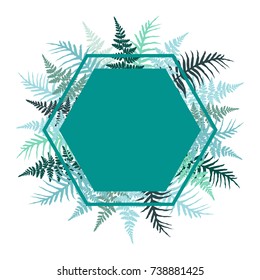 Hexagon fern frond frame vector illustration. Turquoise blue tropical forest plant leaves decoration on white background. Detailed bracken herbs drawing, fern frond grass card with white border.
