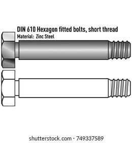 Hexagon fitted bolts with short thread zinc steel.