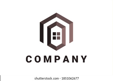 Hexagon flat vector logo for real estate, consultant and general business with line and arrow elements forming a home, windows and shield illustration.	