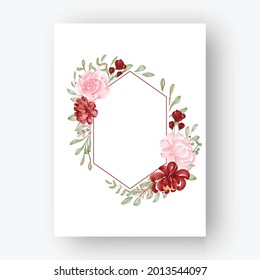 Hexagon Flower Frame With Watercolor Flowers Red And Pink