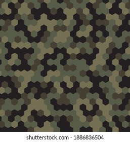 Hexagon Forest Camouflage seamless patterns. Leaf cyber camo. Vector Illustration.