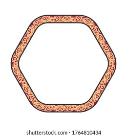 hexagon frame with abstract motifs, floral-style divider, border with retro or vintage style, delimiter text with isolated white background.