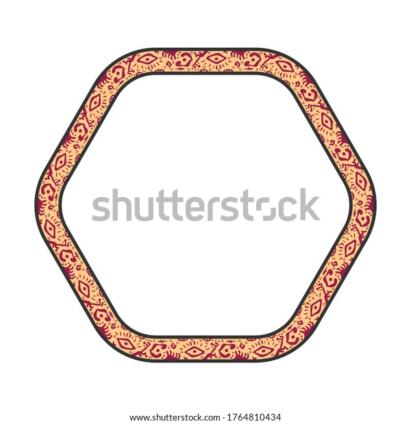 hexagon frame with abstract motifs,\
floral-style divider, border with retro or vintage style, delimiter\
text with isolated white\
background.