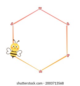Marco hexagonal con dibujo de abejas aislado en ilustración vectorial de fondo blanco.