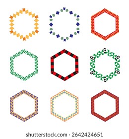 Sechseck-Rahmensammlung. Farbiges Muster-Design. Geometrisches Rahmenform. Abstraktes Vektorelement.