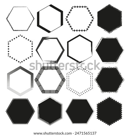Hexagon frame collection. Geometric border shapes. Black and white variety. Vector design set.