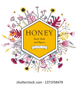 Hexagon Frame with cute honey flowers and bees. Cartoon vector illustration. Grasslend Honey Concept