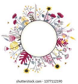 Hexagon Frame with cute honey flowers and bees. Cartoon vector illustration. Grasslend Honey Concept for labels, cards, and packaging
