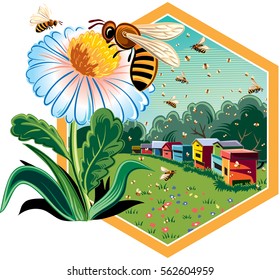 Hexagon frame with flowery scenery, hives, and worker bees on flowers.