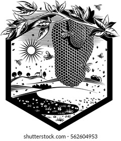 Hexagon frame with flowery scenery, worker bees on the flowers, and the honeycomb.