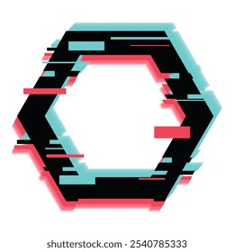 Hexagon frame is glitching with turquoise and coral offset color blocks