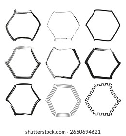 Hexagon frame icons. Angled border set. Geometric outline Vector. Minimal honeycomb shapes.