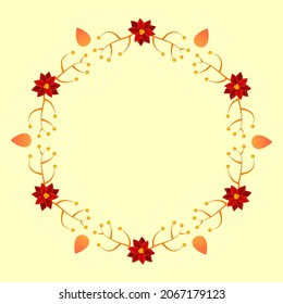 Hexagon Frame Made By Berry Branch And Poinsettia Flowers On Yellow Background With Copy Space.