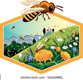 Hexagon frame with mountain landscape flowery meadow, worker bees on flowers.