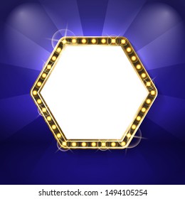 Hexagon frame with neon light bulbs isolated on blue background with rays. Vector sexangle blank framing, sparkling border, empty banner for text. Shiny show border