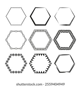 Hexagon frame set. Ornamental border styles. Geometric outline shapes. Vector graphic elements.
