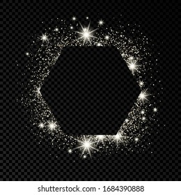 Hexagon frame with silver glitter on dark transparent  background. Empty background. Vector illustration.