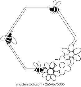 Quadro hexágono com flores simples e abelhas. modelo. Ilustração de linha gráfica vetorial. design para gráficos de moda, impressões têxteis, tecidos, papéis de parede. Para logotipo, web, pacote, adesivo.
