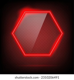 Hexagon frame transparent glass effect. Abstract red light neon border shape. Futuristic screen glowing vector background.