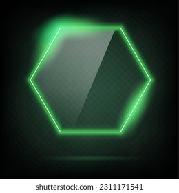 Hexagon frame transparent glass effect. Abstract green light neon border shape. Futuristic screen glowing vector background.