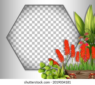 Marco hexagonal transparente con flores rojas e ilustración de plantilla de hojas