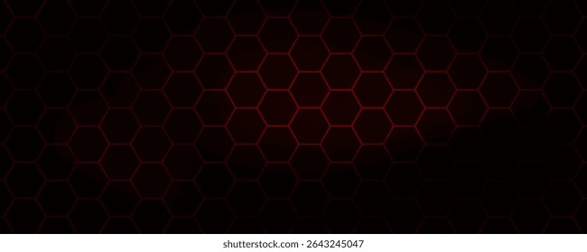 Hexagon game background with glowing red honeycomb grid on black surface. Abstract geometric pattern of connected cells for futuristic interface design. vector dynamic modern art technology 