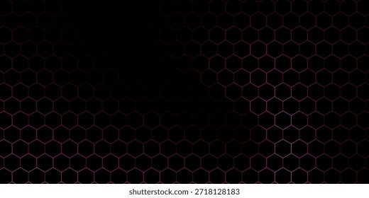 Fondo del juego del hexágono con la rejilla roja brillante del panal en superficie negra. Abstractas patrón geométrico de celdas conectadas para un diseño de interfaz futurista. Bolsa de tecnología digital con bordes luminosos.