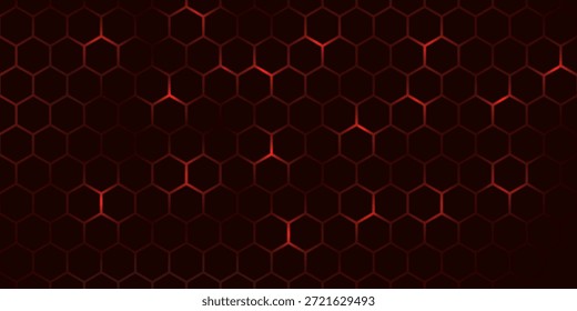 Fondo del juego del hexágono con la rejilla roja brillante del panal en superficie negra. Abstractas patrón geométrico de celdas conectadas para un diseño de interfaz futurista. Bolsa de tecnología digital con bordes luminosos.