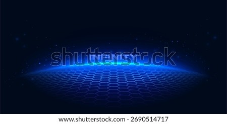 Hexagon gaming background. Shiny blue futuristic background with 3D hexagonal floor. Futuristic digital landscape with glowing grid horizon. Cyber space. High-tech innovation and data systems.