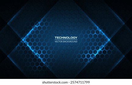 Hexagon gaming tech abstract vector background with blue colored bright energy flashes. Vector illustration