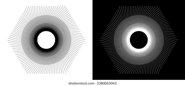 Hexagon in geometric art lines design. Black figure on a white background and equally white figure on the black side.