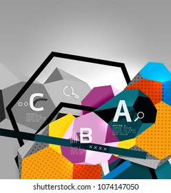 hexagon geometric composition, geometric digital abstract background. Techno or business presentation template with sample options. Vector illustration