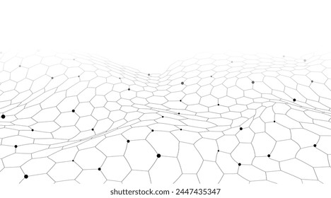 Sechseckige geometrische Netzlinien auf weißem Hintergrund. Wave mit verbundenen Punkten und Linien. Geometrischer abstrakter Hintergrund mit einfachen Wave-Elementen.