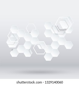 Hexagon geometric piece and frame abstract white background. Vector illustration paper art and 3d style concept for technology and science, molecule, chemical, medicine or futuristic business.