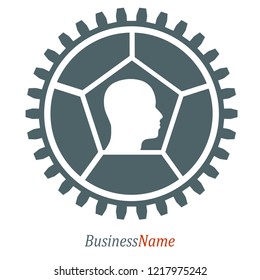 Hexagon geometric shape, gear and human head. Minimal abstract emblem template.