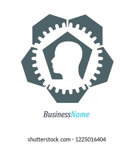 Hexagon geometric shape, gear and human head. Minimal abstract emblem template.