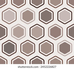 Hexagon geometric shapes background. Bold rounded hexagons mosaic cells with padding and inner solid cells. Brown color tones. Large hexagons. Tileable pattern. Seamless vector illustration.