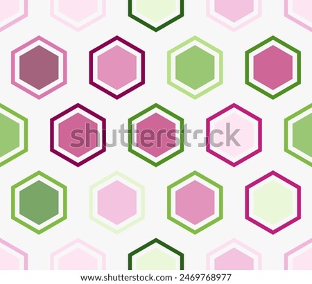 Hexagon geometric shapes background. Hexagon bold mosaic cell with padding and inner solid cells. Large hexagons. Multiple tones color palette. Seamless pattern. Tileable vector illustration.