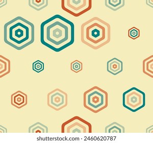 Hexagon geometric shapes background. Multicolored geometric elements of varied size. Bold rounded stacked hexagon cells. Large hexagons. Tileable pattern. Seamless vector illustration.