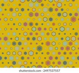 Hexagon geometric shapes background. Multicolored geometric elements of varied size. Bold rounded hexagons mosaic pattern with inner solid cells. Hexagon cells. Tileable pattern.