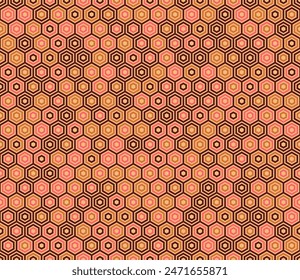 Hexagon geometric shapes background. Plain hexagon frames. Honeycomb geometric shapes. Multiple tones color palette. Seamless pattern. Tileable vector illustration.