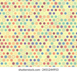 Hexagon geometric shapes background. Rounded hexagons mosaic cells with padding and inner solid cells. Hexagon geometric shapes. Multiple tones color palette. Seamless pattern.