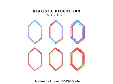 Hexagon geometric shapes, gradient, pink and blue. Decorative design element isolated white background. Set 3d object shaped hexagonal. Realistic vector illustration.