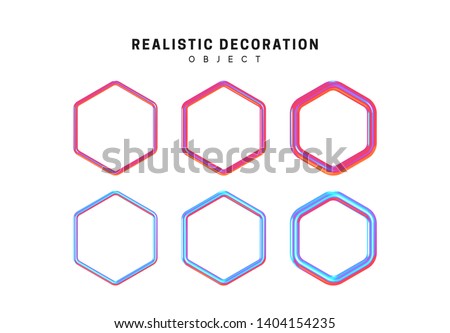 Hexagon geometric shapes, gradient, pink and blue. Decorative design element isolated white background. Set 3d object shaped hexagonal. Realistic vector illustration.