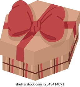 hexagon gift box with bow knot. holiday present box, tied with red wrapping ribbon. happy birthday, Christmas, New Year, wedding or Valentine day package concept. vector flat illustration isolated. 