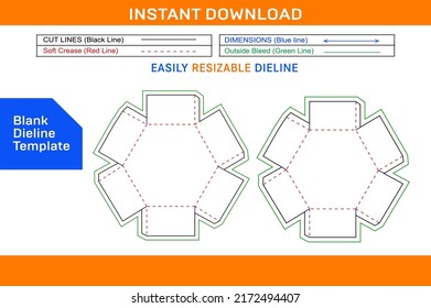 Hexagon gift box or surprise gift box dieline template and 3D box