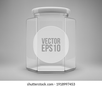Hexagon glass honey jar with a lid. A transparent jar with a white lid and label.