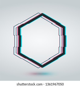 Hexagon glitch frame cadre template. TV screen technology style border. Distortion glitch effect frame design. Futuristic geometric hexagon border for text, advertising banner mockup.