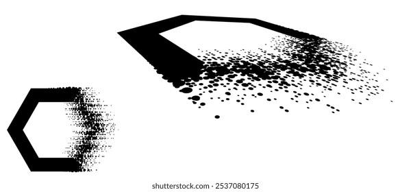 Hexagon with glitch halftone texture. Black shape on a white background normal and perspective view.