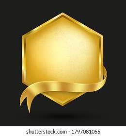 Hexagon Gold banner with gold ribbon. Vector illustration for promotion and presentation background.